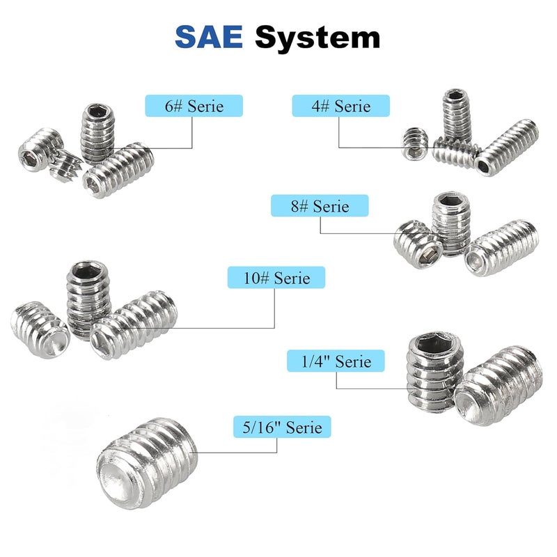 HanTof 280 Pcs 28 Sizes Set Screw Assortment Kit, Metric & SAE Allen Grub Screws for Bathroom Fixture 304 Stainless Steel Internal Hex Drive Cup-Point for Door Knob, Faucets (M3-M8, #4-40 to 5/16"-18) - Image 5